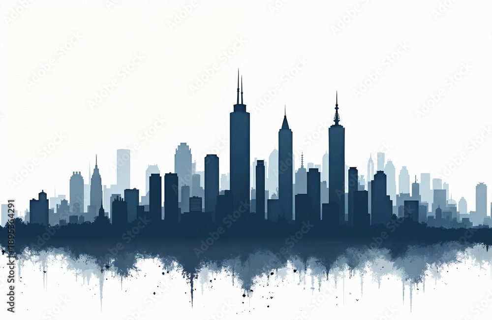 Obraz premium Dark blue city skyline silhouette against white background. Tall buildings, skyscrapers stretch across horizon. Reflection appears on bottom with abstract paint splash effect, suggesting urban