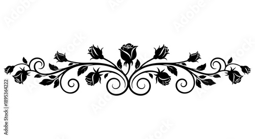 Elegant black floral divider with stylized rose and vine motif, perfect for ornamental decorative design elements and vintage-inspired borders