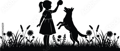 Black and white silhouette of a young girl playing with her pet dog in a flower field for childhood friendship animal care and nature concepts