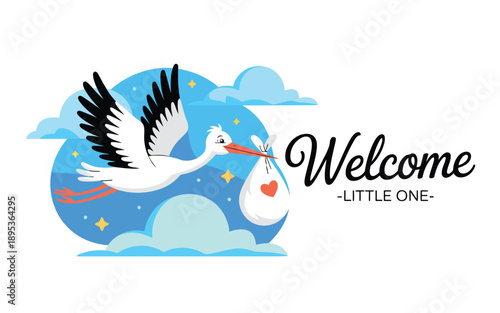 A friendly cartoon stork carries a heartwarming baby bundle against a vibrant starry blue cloud background