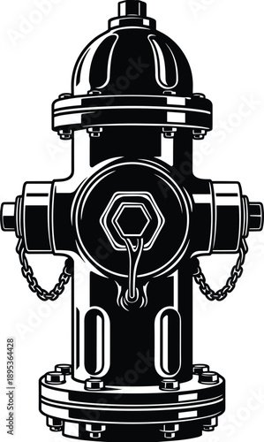 Black and white vector illustration of a classic outdoor metal fire hydrant with chains for emergency firefighting water supply and urban city street safety