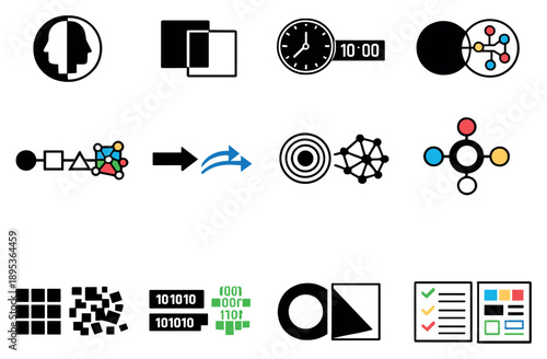 Design and System Duality Principles in flat style: positive negative space, filled outline shapes, black white palette, analog digital icons, simplicity. Vector icons