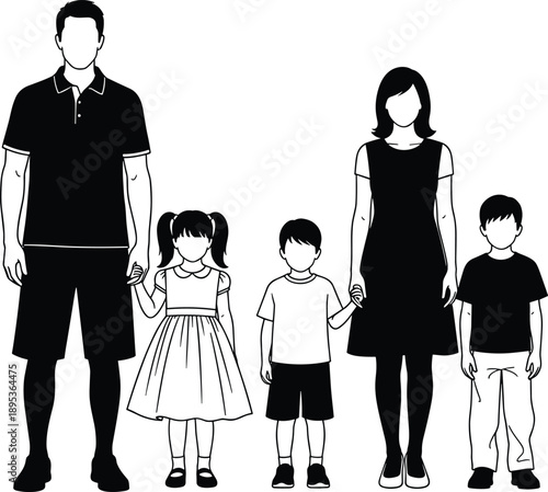 Black and white vector illustration of a happy family with father mother and three children standing together for parenting domestic life and community design concepts