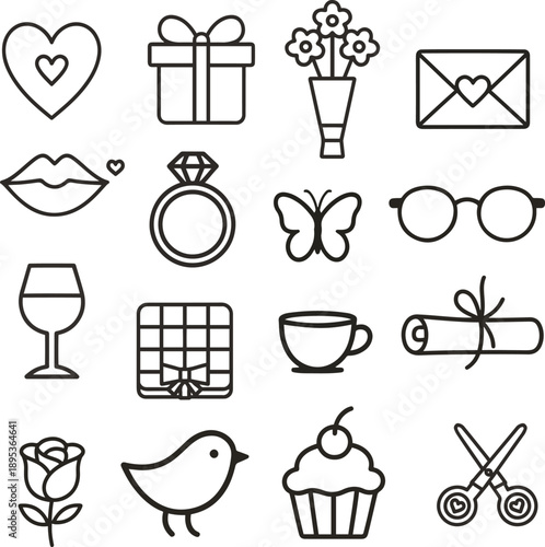 Romantic Love Line Art Icons – Hearts, Gifts, Roses, Rings and More