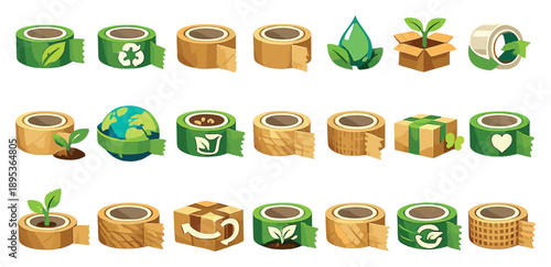 Packaging Tape for Eco-Friendly Solutions in flat style: biodegradable tape, recyclable tape, paper-based tape, eco-friendly adhesive, sustainable packaging. Vector icons