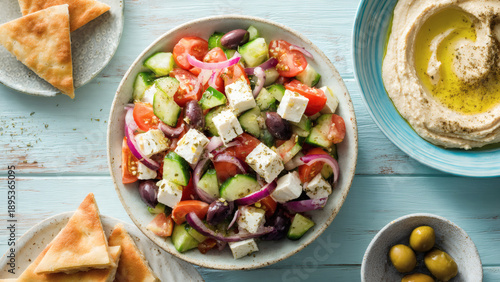 A refreshing flat lay of a Greek salad with feta cheese and pita bread on a wooden table viewed from above.