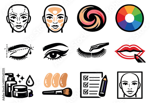 Makeup Application Techniques in bold style: contour lines face, highlight zones map, blending swirl, color correction wheel, brow shaping guide, eyeliner wing. Vector icons