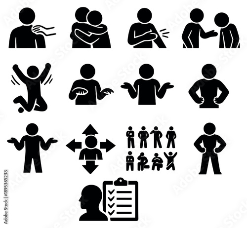 Emotional Gestures and Body Language in outline style: comforting hand on shoulder, supportive hug symbol, reassurance pat, empathy reach, excitement jump icon. Vector icons