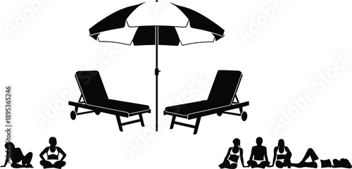 Large set of black and white silhouettes featuring beach chairs a sun umbrella and people sunbathing in swimwear for summer vacation and tropical resort designs