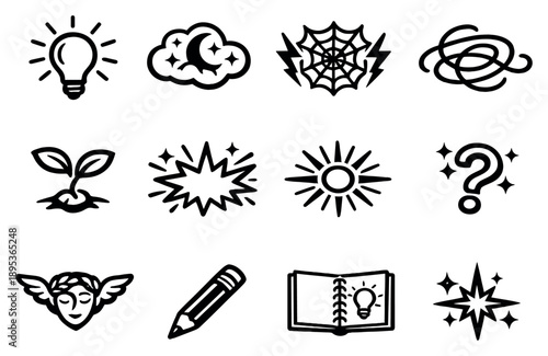 Creative spark and idea generation vector icons in outline style: creativity lightbulb, imagination cloud, brainstorming web, doodle swirl, concept seed. Vector icons