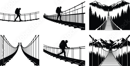 Large set of black and white silhouettes featuring a hiker with a backpack crossing suspension bridges in mountain forest landscapes for outdoor adventure designs
