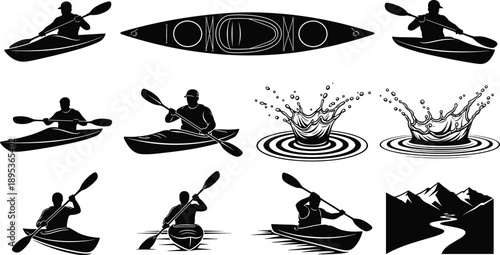 Large set of black and white silhouettes featuring people kayaking on rivers water splashes and mountain landscapes for outdoor adventure and extreme water sports designs
