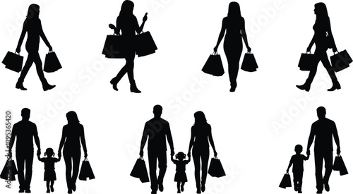 Large set of black and white silhouettes featuring families and women carrying shopping bags while walking for retail consumerism commercial sales and mall marketing designs
