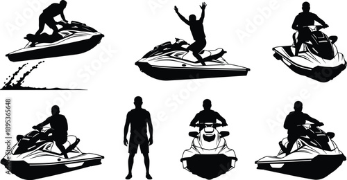 Large set of black and white silhouettes featuring people riding personal watercraft jet skis jumping over waves and performing stunts for summer vacation and extreme sports designs