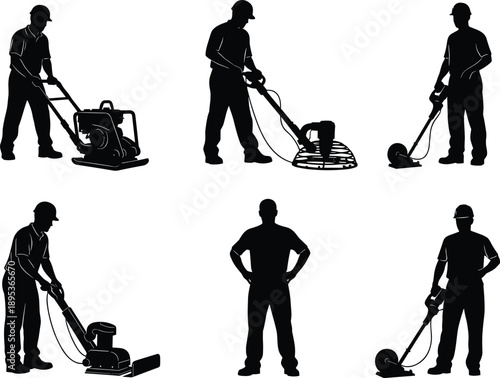 Large set of black and white silhouettes featuring professional construction workers operating heavy machinery like floor grinders and power compactors for industrial site projects