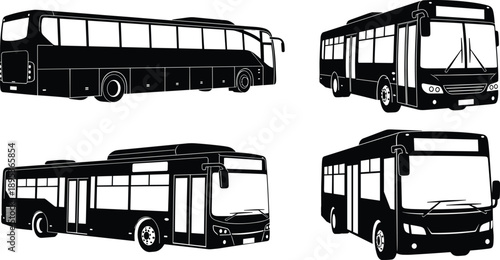 Large set of black and white silhouettes featuring various modern city buses and passenger coaches from different angles for urban transit and public transportation designs