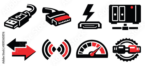 Data transfer and connectivity in bold style: USB cable, SATA connector, Thunderbolt port, network storage icon, transfer arrows, synchronization waves, data. Vector icons