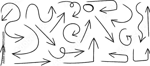 A chaotic and abstract composition features numerous hand drawn arrows and looping lines in black ink on a white background high quality professional