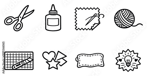 Crafting and handmade creation in outline style: scissors, glue bottle, fabric swatch, yarn ball, cutting mat, paper shapes, handmade label, creativity badge. Vector icons