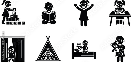 Large set of black and white vector icons featuring children playing with blocks reading books drawing at desks and sleeping for early childhood education designs