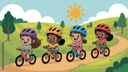 A happy group of four diverse children smiling and riding their bikes on a sunny park trail