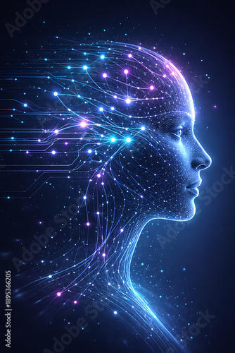 Futuristic silhouette of a human head profile with digital glowing circuit lines representing artificial intelligence and advanced neural connectivity