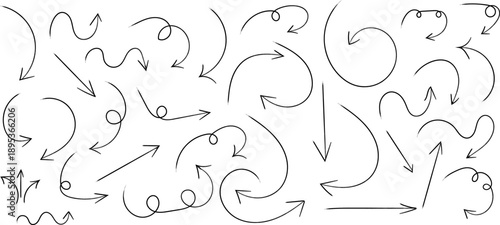 A collection of hand drawn swirling and directional arrows in black on a white background showcasing various movement paths high quality professional detailed