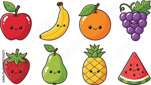 Large set of colorful vector illustrations featuring cute kawaii fruit characters with happy faces including apples bananas oranges grapes strawberries pears pineapples and watermelon slices