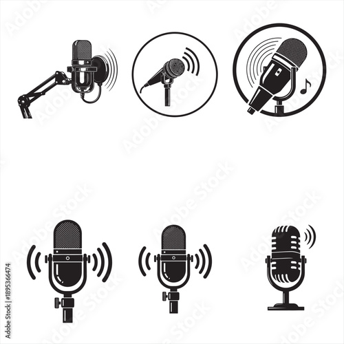 Collection of diverse retro and modern microphones with sound wave icons isolated on transparent background
