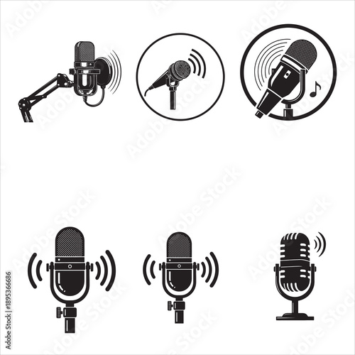 Collection of diverse vintage and modern microphones on stands and boom arms isolated on transparent background