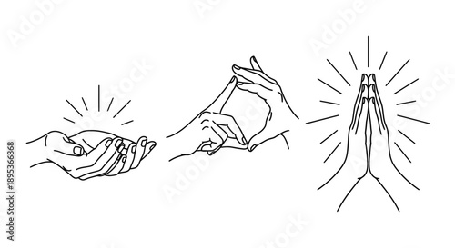 Simple line drawings of hands in prayer and meditation poses.