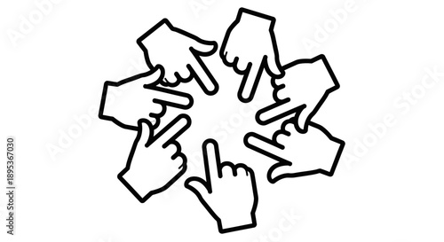 Group of hands pointing towards the center in a circular formation.