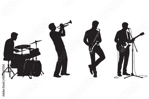 Silhouettes of four musicians playing instruments on a white background