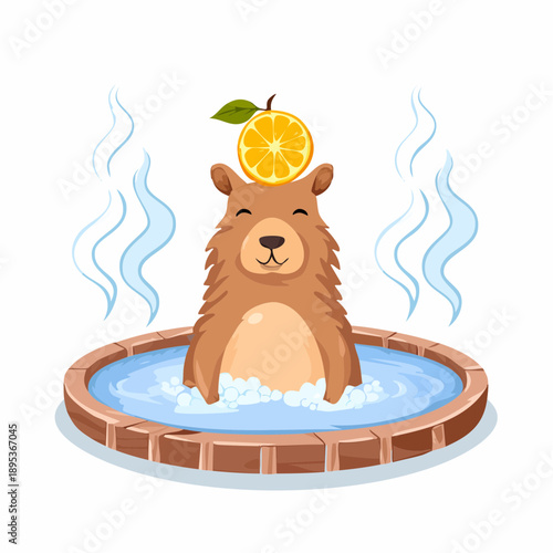 Capybara sitting in a Japanese hot spring (onsen), yuzu fruit balanced on head, eyes closed