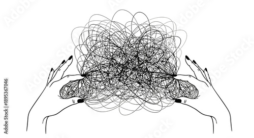 Hands holding a complex tangled mess of threads and wires.