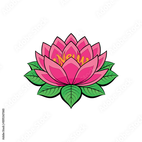 A pink lotus flower with layered petals, green leaves,