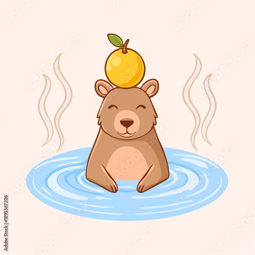 Capybara sitting in a Japanese hot spring (onsen), yuzu fruit balanced on head, eyes closed