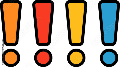 Four exclamation mark symbols in bold outline vector, suitable for alerts, warnings, notifications, emphasis icons, and attention-grabbing UI elements