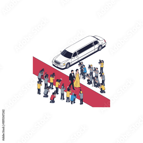 Celebrities arrive in a limousine on a red carpet, surrounded by photographers and fans.