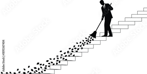 Silhouette of Businessman Sweeping Leaves Up a Staircase broom