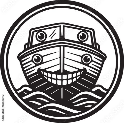 Smiling Ship Mascot Emblem Friendly Black and White Circular Logo of a Toothy Cartoon Steamboat Riding the Ocean Waves