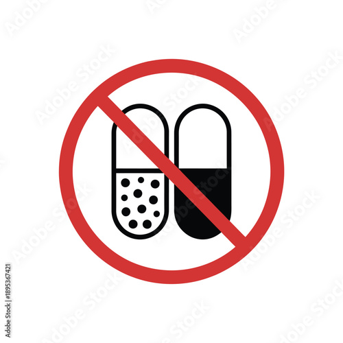 Prohibition sign depicting two pills one white and one black with a red circle