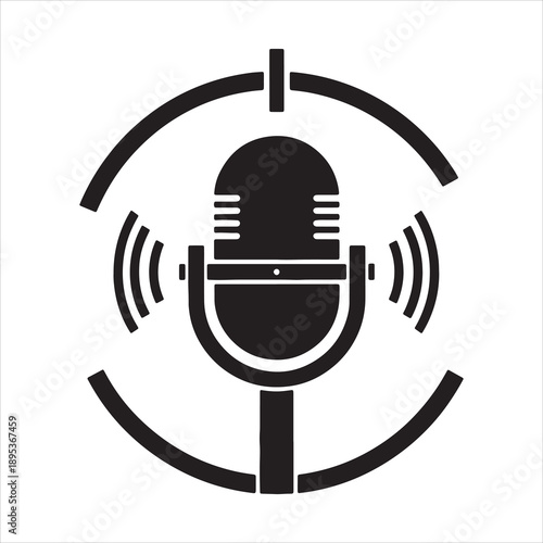 Vintage microphone with sound waves and circular graphic elements representing broadcast or podcasting