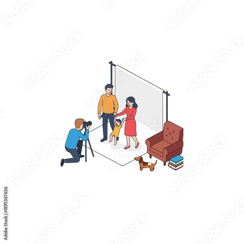 Family portrait session with a photographer and pets in a studio setting.