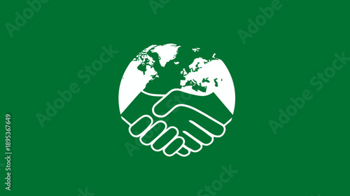 Global cooperation handshake icon with earth globe, representing international partnership, unity, peace, and environmental sustainability.