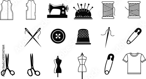 Collection of Sewing and Tailoring Icons on White Background fashion craft