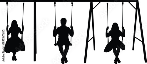 Children and adult silhouettes on swings in a playground on a white background vector illustration