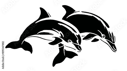 Stylized black silhouette vector graphic of two playful dolphins swimming in harmony, representing marine life and ocean joy.