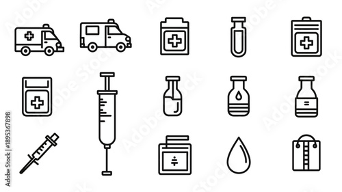 Collection of Medical and Healthcare Outline Icons: Ambulance, Syringe, Pills, Vials, and Emergency Kit