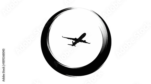 Minimalist Airplane Silhouette Taking Off in Hand-Drawn Ink Brush Stroke Circle. Global Travel, Flight, Freedom Concept.